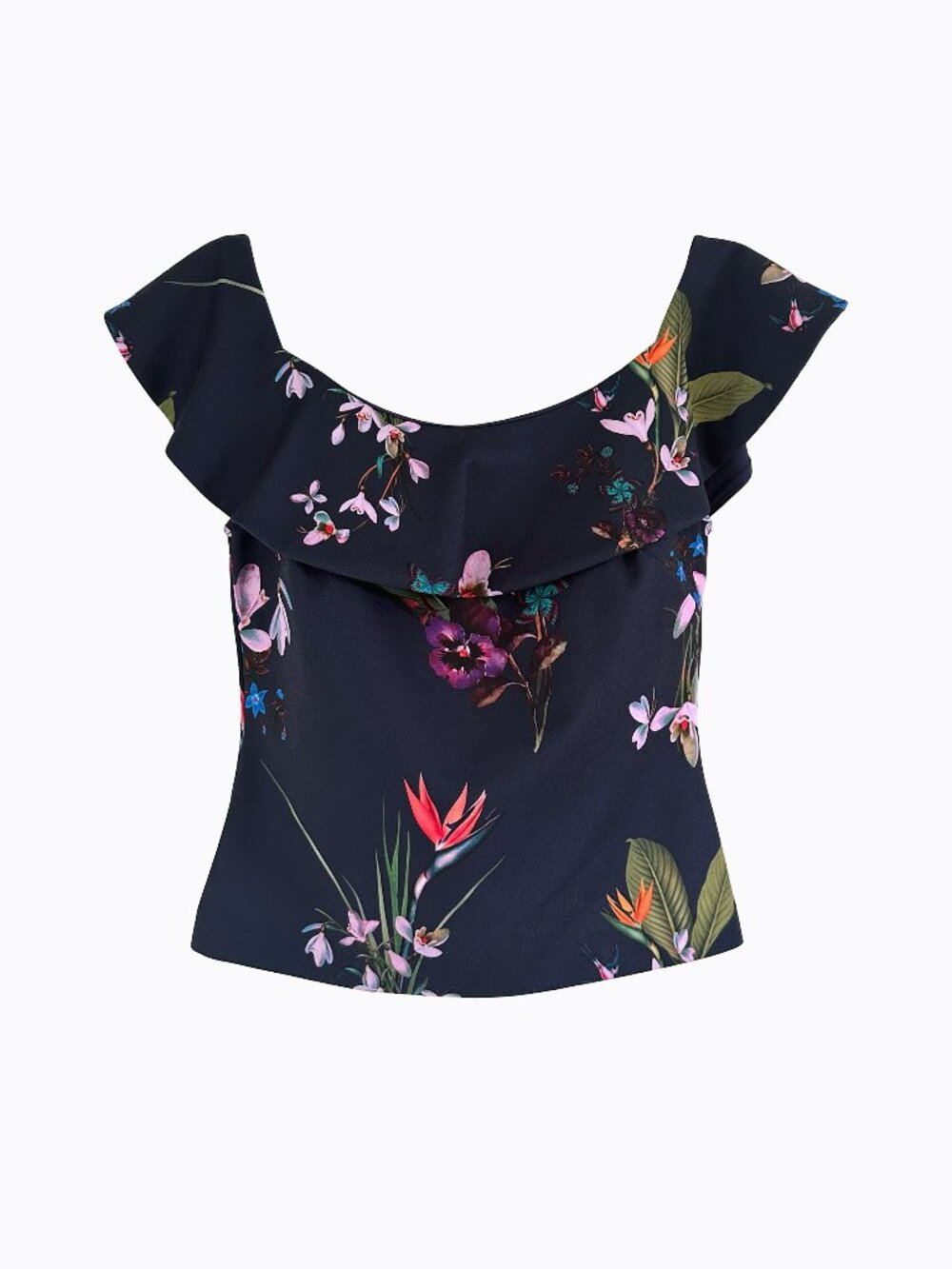 Ted Baker Imygen Tropical Oasis Ruffle Top 2 Navy Pink Floral Square Neck Crop